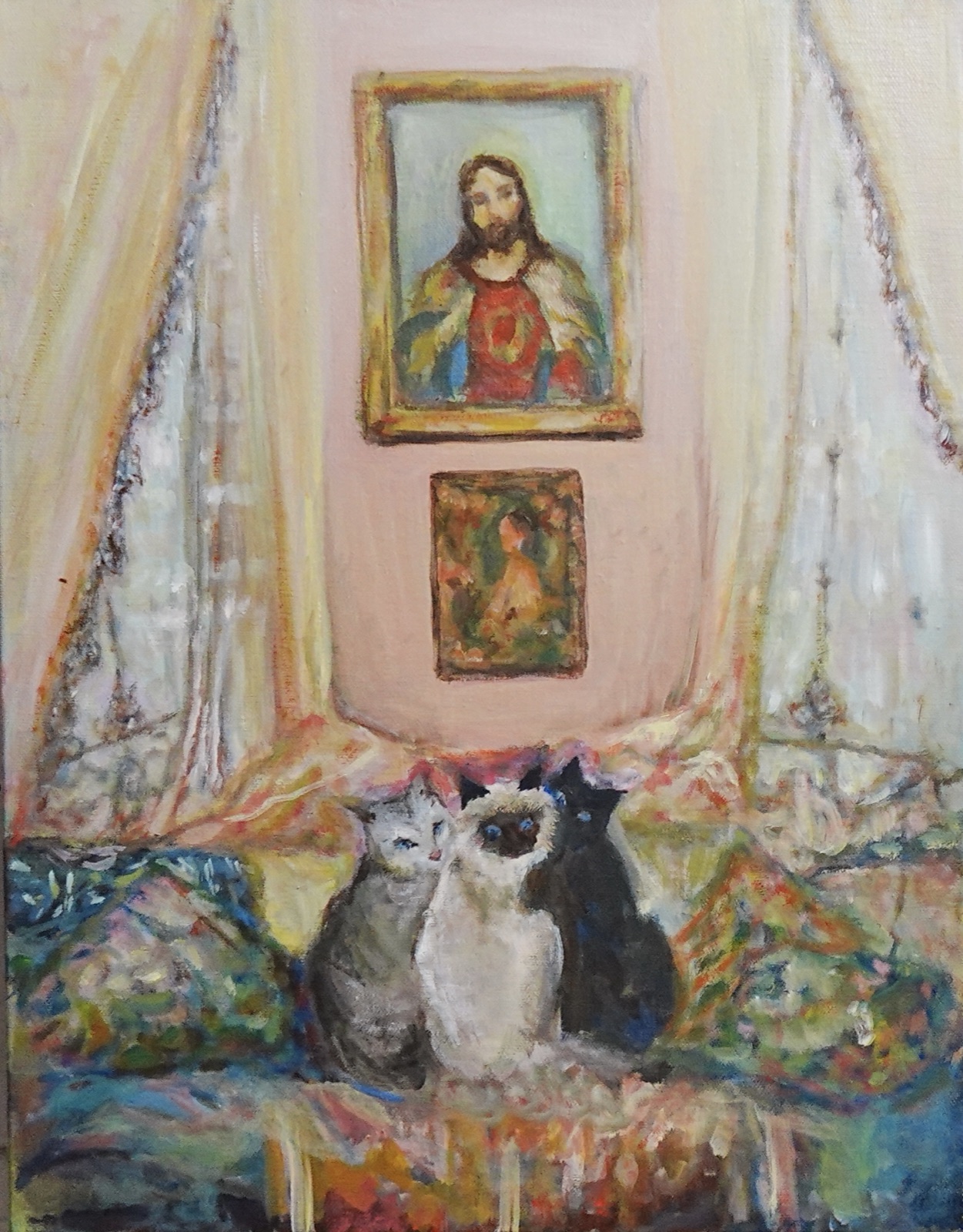 Wise Cats, original oil painting of cats on canvas by Mia Cugasi, 18 by 14 inches